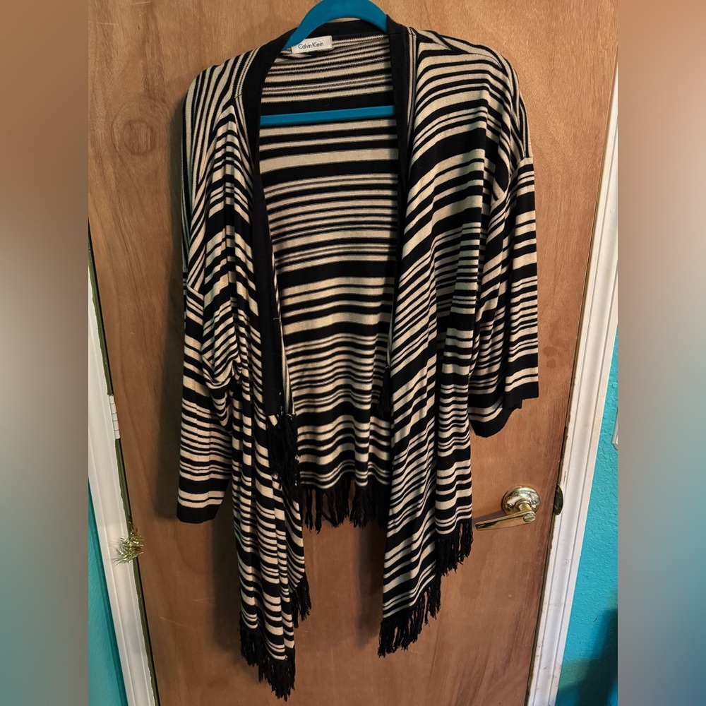 Calvin Klein Black and Cream Striped Poncho